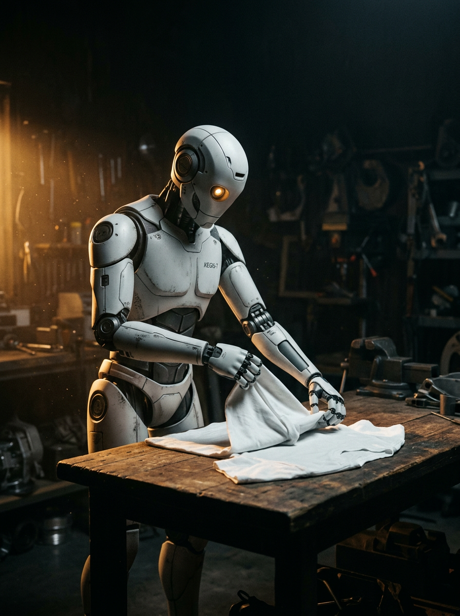 A humanoid robot folding a shirt on a workbench, performing a task it learned from a recorded human demonstration
