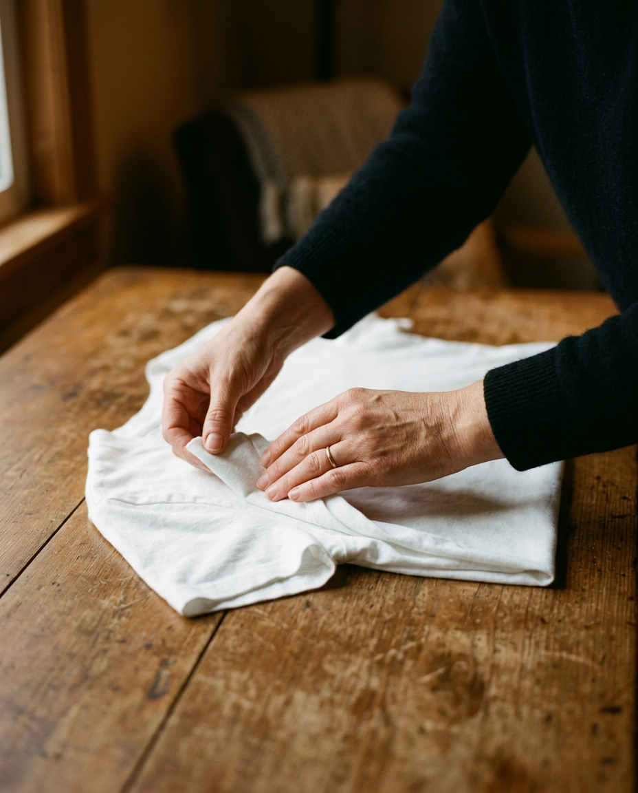 A Producer's hands folding a shirt at a wooden table, recording the exact task a buyer requested