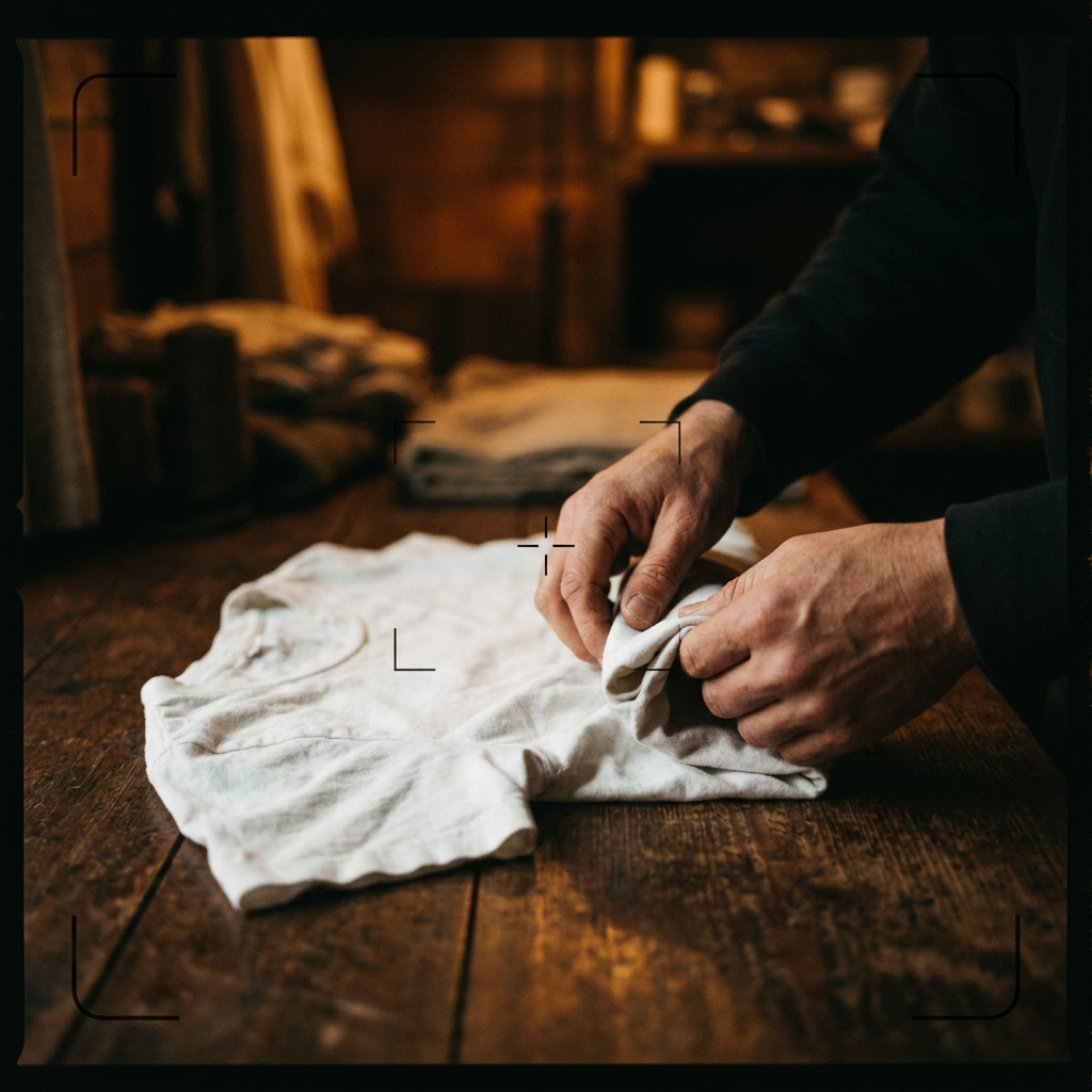 Sample video still of a Producer's hands folding a shirt, the task recorded for the buyer's Request